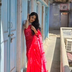 Charming Red and White Mulmul Cotton Saree – Traditional Hand Block Print