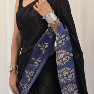 Black and Blue Block Print Saree – Elegant Look for Work or Small Functions