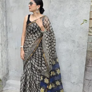 Kota doriya Saree (Black and Blue) - Silk-Cotton Blend with Handblock Printing