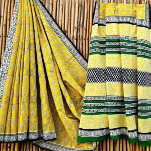 Mulmul Cotton Saree – Hand Block Printed Elegance | Yellow-Black & Blue-Beige-Yellow