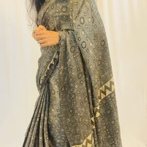 Authentic Graphite Grey Ajrakh Modal Silk Saree with Ajrakh Block Print – Perfect for Corporate Wear/Party Wear