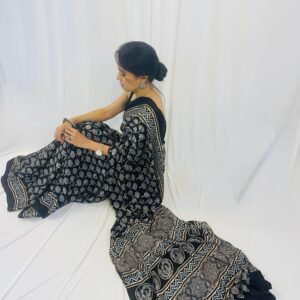 Authentic Black Ajrakh Modal Silk Saree with Ajrakh Block Print – Perfect for Corporate Wear/Party Wear