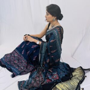 Elegant Black and Blue Ajrakh Modal Silk Saree – Timeless Handcrafted Style for Special Occasions
