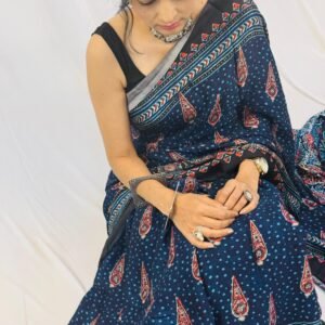 Cobalt Blue Ajrakh Modal Saree – Soft and Traditional Everyday Saree