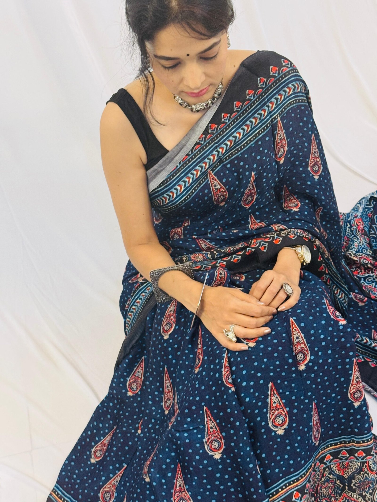 Cobalt Blue Ajrakh Modal Saree – Soft and Traditional Everyday Saree