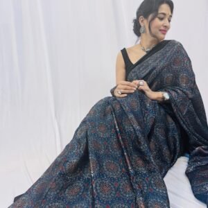 Authentic Cobalt Blue Ajrakh Modal Silk Saree with Ajrakh Block Print – Perfect for Corporate Wear/Party Wear