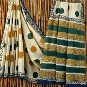 Beige and Green Mulmul Cotton Saree - Handcrafted Elegance
