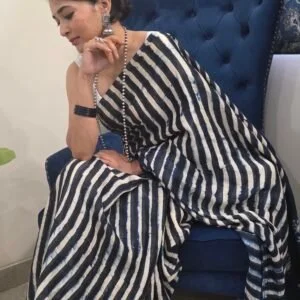 Navy Blue and White Block Print Saree