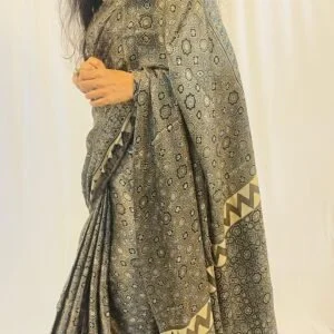 Graphite Grey Ajrakh Modal Silk Saree
