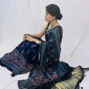 Black and Blue Ajrakh Modal Silk Saree