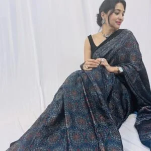 Cobalt Blue Ajrakh Modal Silk Saree