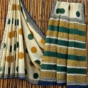 Beige and Green Mulmul Cotton Saree